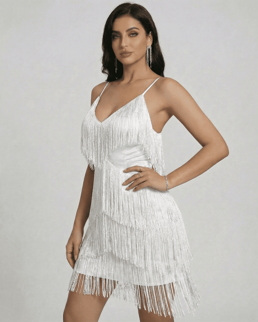 Aurora Mini Dress by Lauven featuring fringe detailing and V-neck silhouette in a sleeveless design.
