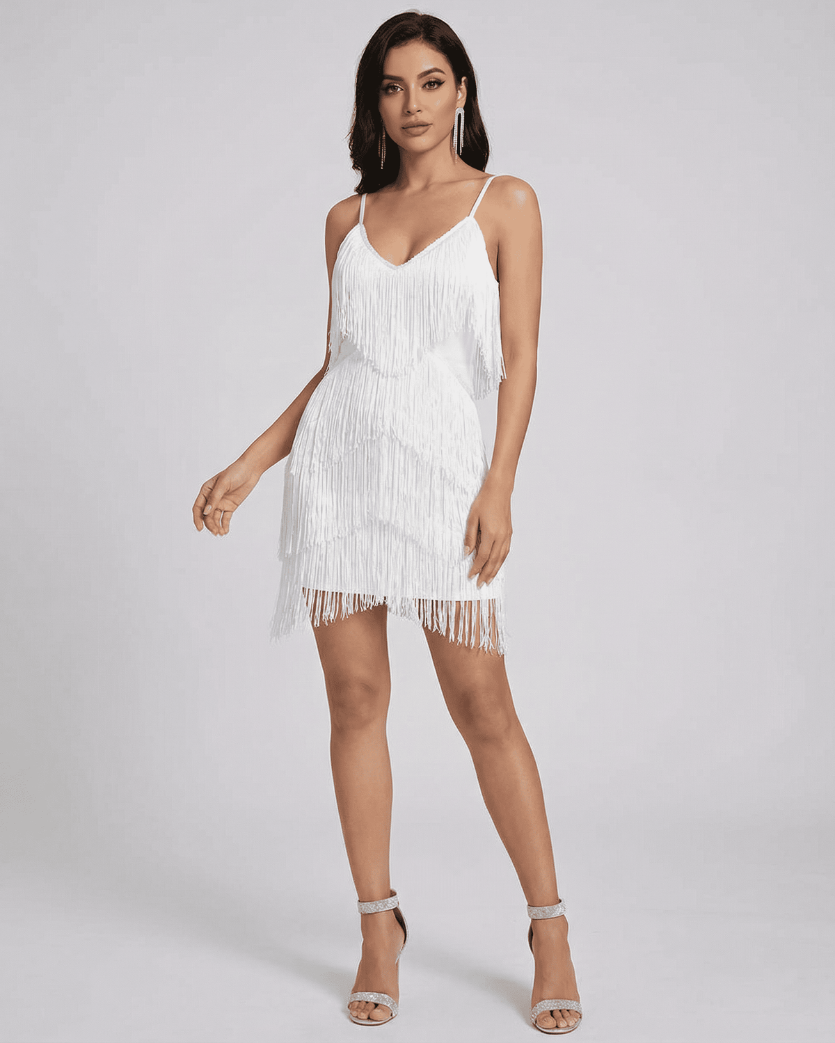 Aurora Mini Dress by Lauven – Fringe V-Neck Sleeveless Mini Dress in white, featuring layered fringe and modern elegance.