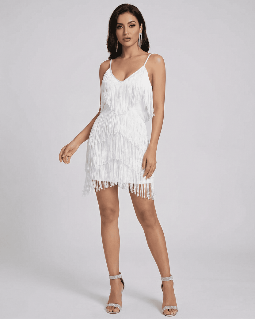 Aurora Mini Dress by Lauven – Fringe V-Neck Sleeveless Mini Dress in white, featuring layered fringe and modern elegance.