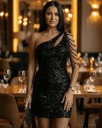 Aurora Mini Dress by Lauven, a stylish one-shoulder sequin cutout mini dress perfect for evening events.