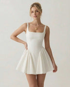 Aurora Mini Dress by Lauven featuring a square neckline and backless design in white.