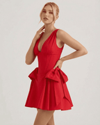 Aurora Mini Dress by Lauven - V-neck corset red mini dress with pouf skirt for a chic party look.