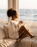 Woman enjoying coffee in a cozy setting, wearing the Aurora Mini Dress by Lauven.
