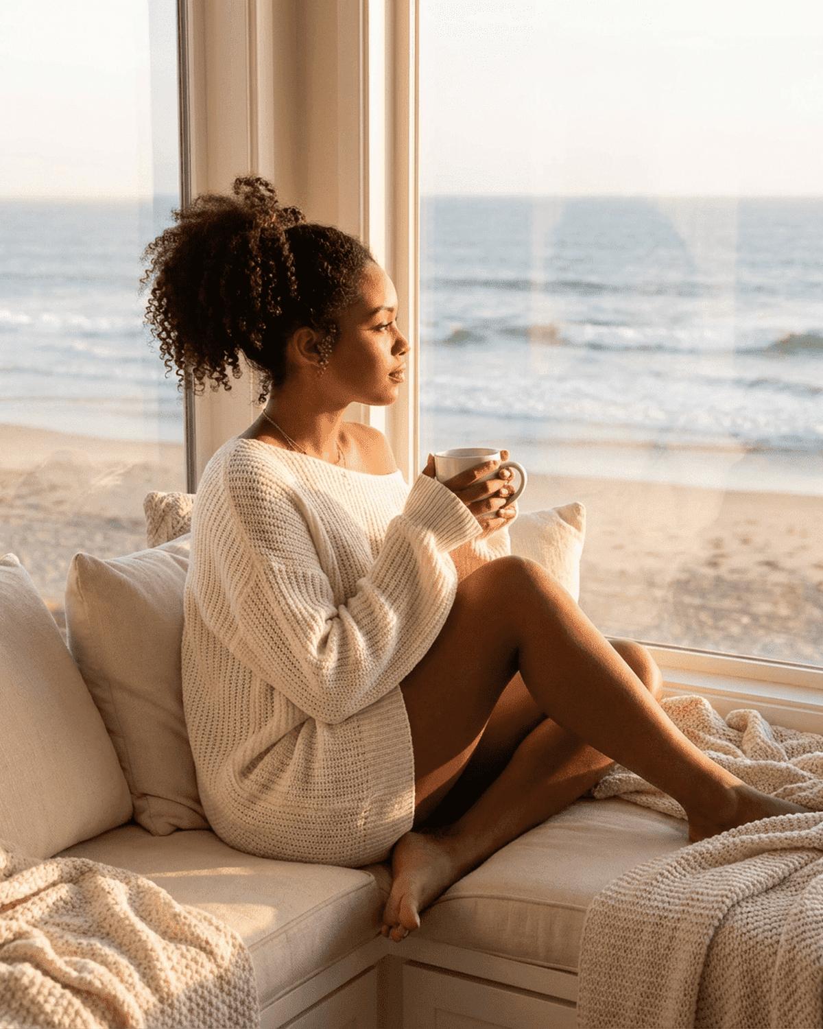 Woman enjoying coffee in a cozy setting, wearing the Aurora Mini Dress by Lauven.
