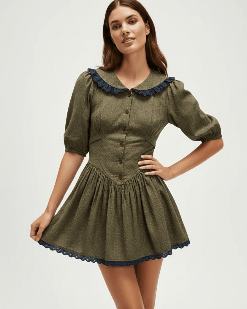 Aveline Mini Dress by Lauven features a Peter Pan collar, puff sleeves, and a vintage-inspired olive green design.