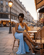 Azure Maxi Dress by Lauven, featuring a shimmering light blue velvet design with sequins and a thigh-high slit.
