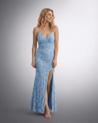 Azure Maxi Dress by Lauven featuring sparkling sequins and a thigh-high slit for a stunning evening look.