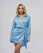Azure Mini Dress by Lauven — Elegant satin wrap dress with a flattering fit and stylish design.