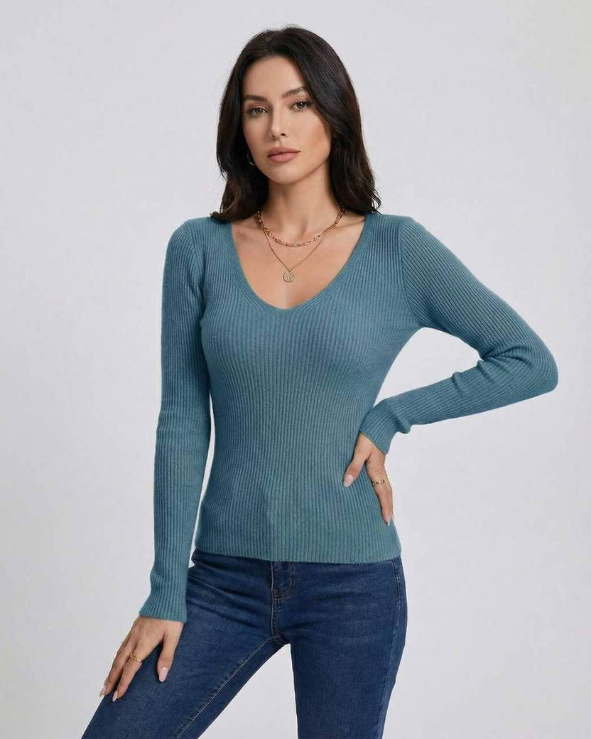 Azure Pullover by Lauven – Women’s V-Neck Slim Fit Sweater in teal, featuring long sleeves and a ribbed knit design.