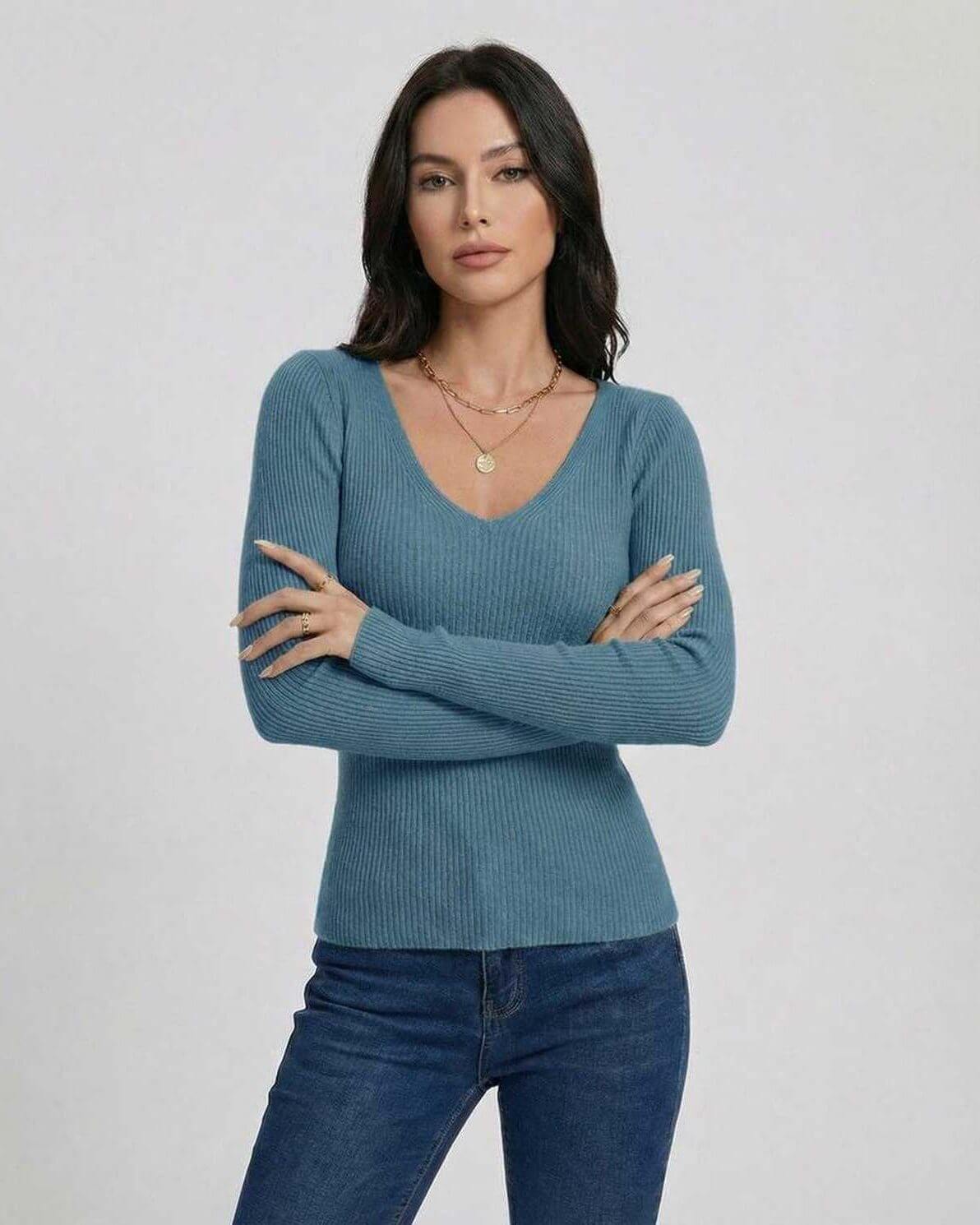 Azure Pullover by Lauven – Women's V-Neck Slim Fit Sweater in Blue