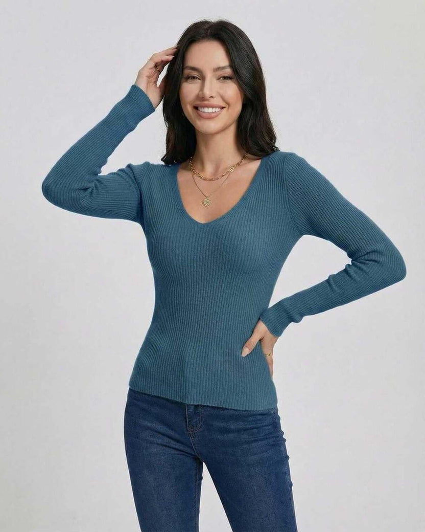 Azure Pullover by Lauven – Women’s V-Neck Slim Fit Sweater in Elegant Blue