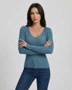 Azure Pullover by Lauven - Women's V-Neck Slim Fit Sweater in Blue with Long Sleeves