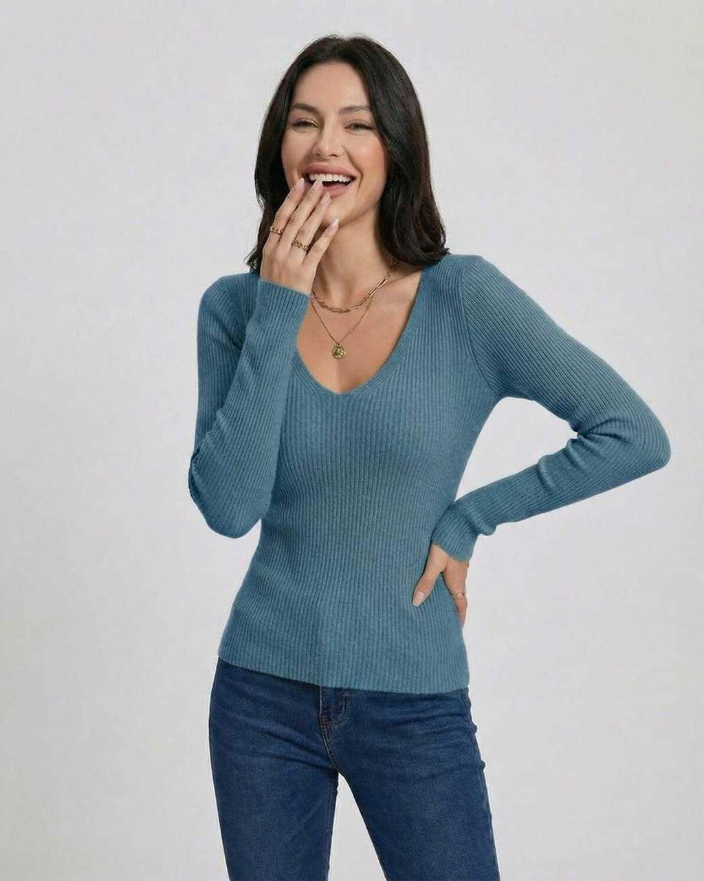 Azure Pullover by Lauven – Women's V-neck slim fit sweater in ribbed knit with long sleeves.