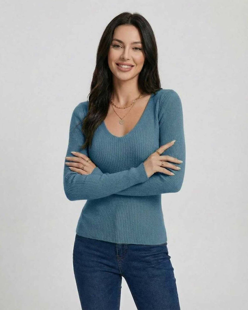 Azure Pullover by Lauven – Women’s V-Neck Long Sleeve Sweater in modern slim fit style.