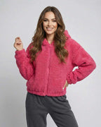 Berry Fleece Jacket by Lauven in vibrant pink, featuring a cozy teddy texture and stylish hooded design.
