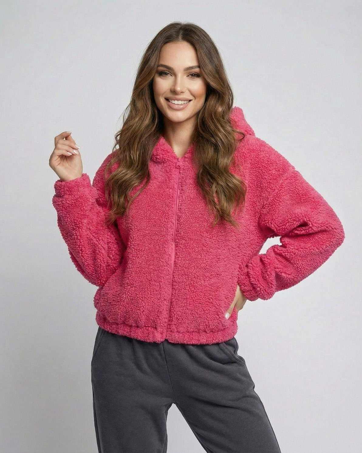 Berry Fleece Jacket by Lauven in vibrant pink, featuring a cozy teddy texture and stylish hooded design.