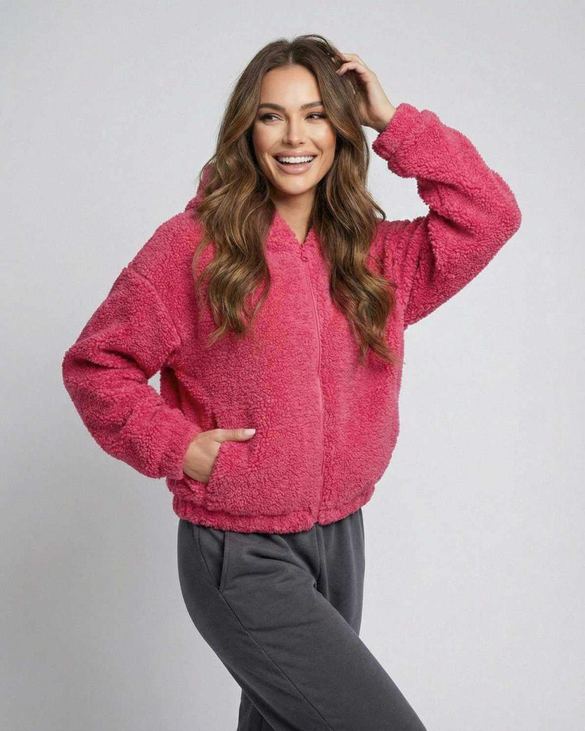 Berry Fleece Jacket by Lauven, a cozy pink teddy jacket with hood and zip front, perfect for warmth and comfort.