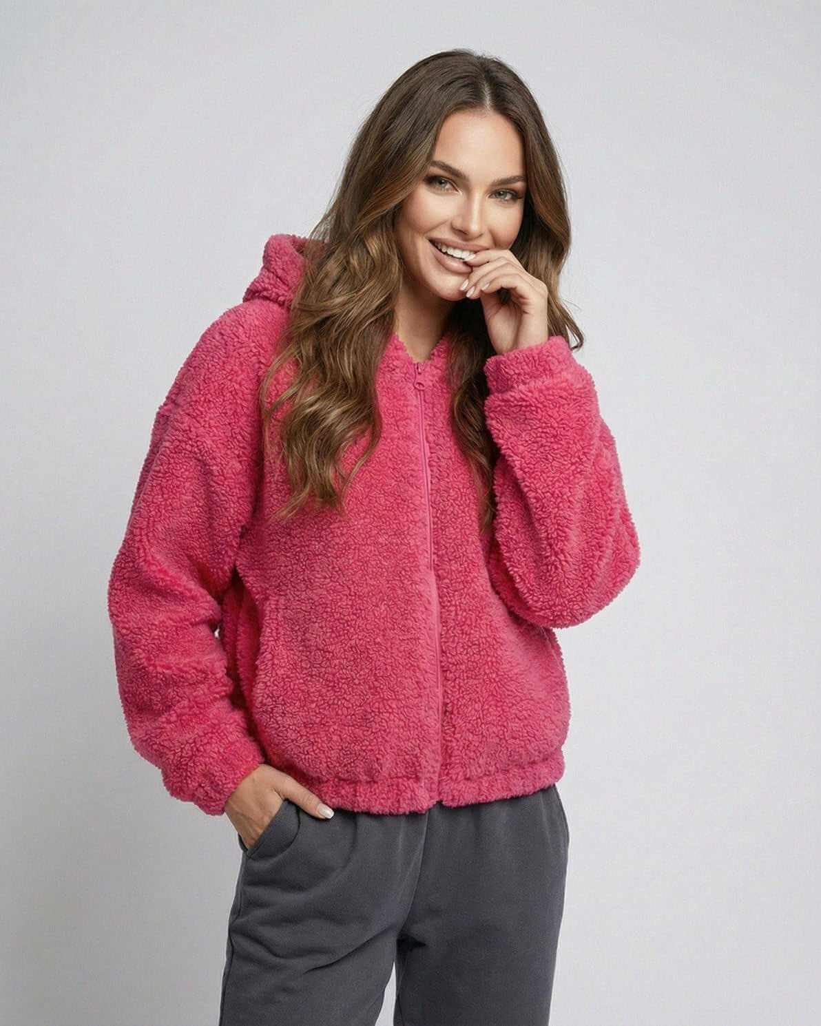 Berry Fleece Jacket by Lauven – Women's cozy zip teddy jacket in vibrant pink color.