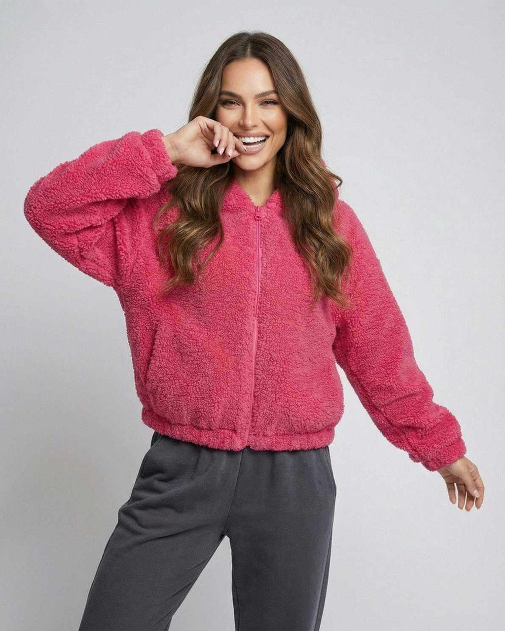 Berry Fleece Jacket by Lauven, women's cozy zip teddy jacket in vibrant pink, featuring plush texture and hooded design.