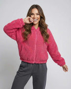 Berry Fleece Jacket by Lauven, women's cozy zip teddy jacket in vibrant pink, featuring plush texture and hooded design.