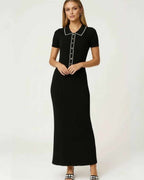 Monaco Maxi Dress by Lauven – Women’s black maxi dress with ribbed knit and button-front detail.