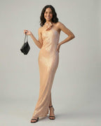 Blush Maxi Dress by Lauven, featuring a sequin sheath silhouette and halter neckline, perfect for summer evenings.