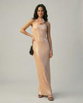 Lauven Blush Maxi Dress with sequin sheath silhouette and halter neckline in soft blush color.