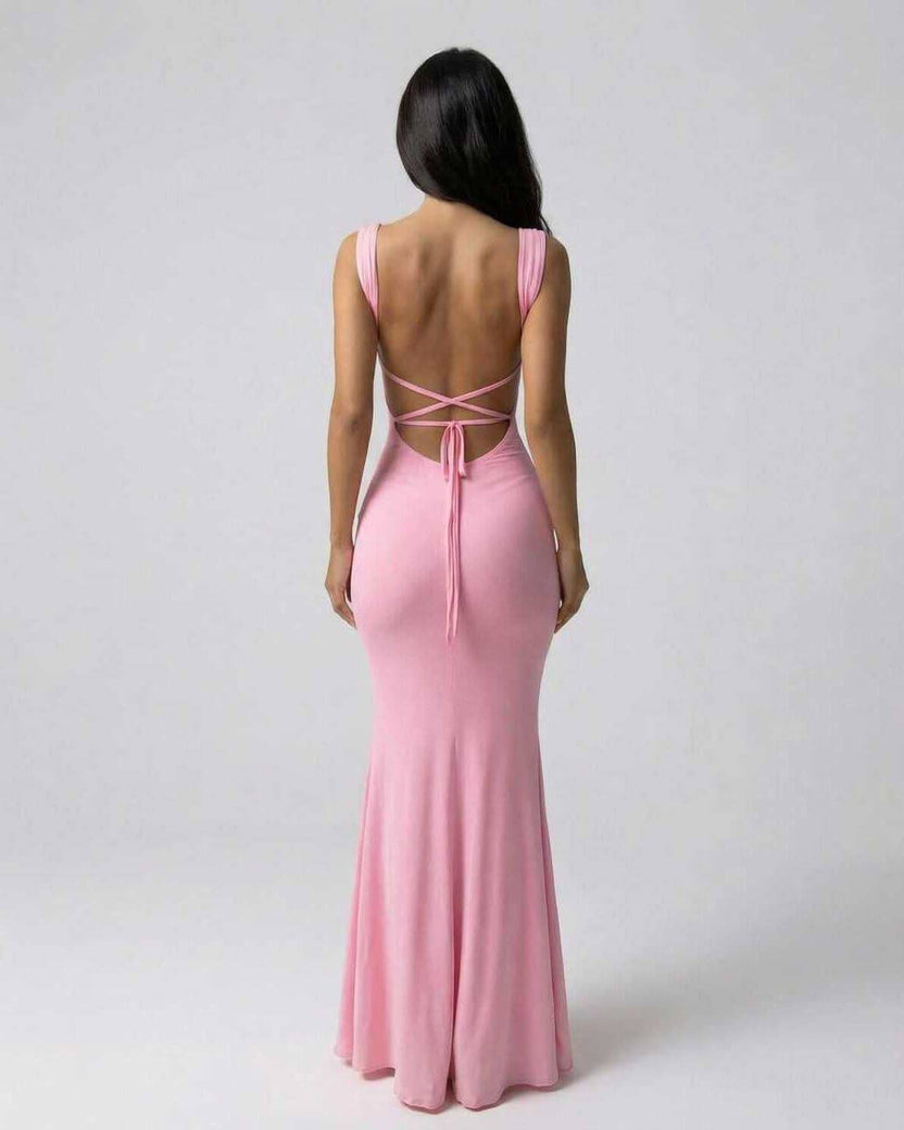 Back view of Lauven Blush Maxi Dress showcasing the sleek design and elegant silhouette in soft pink.