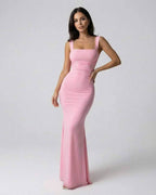 Lauven Blush Maxi Dress featuring sleek spaghetti straps and a flattering silhouette in soft pink.