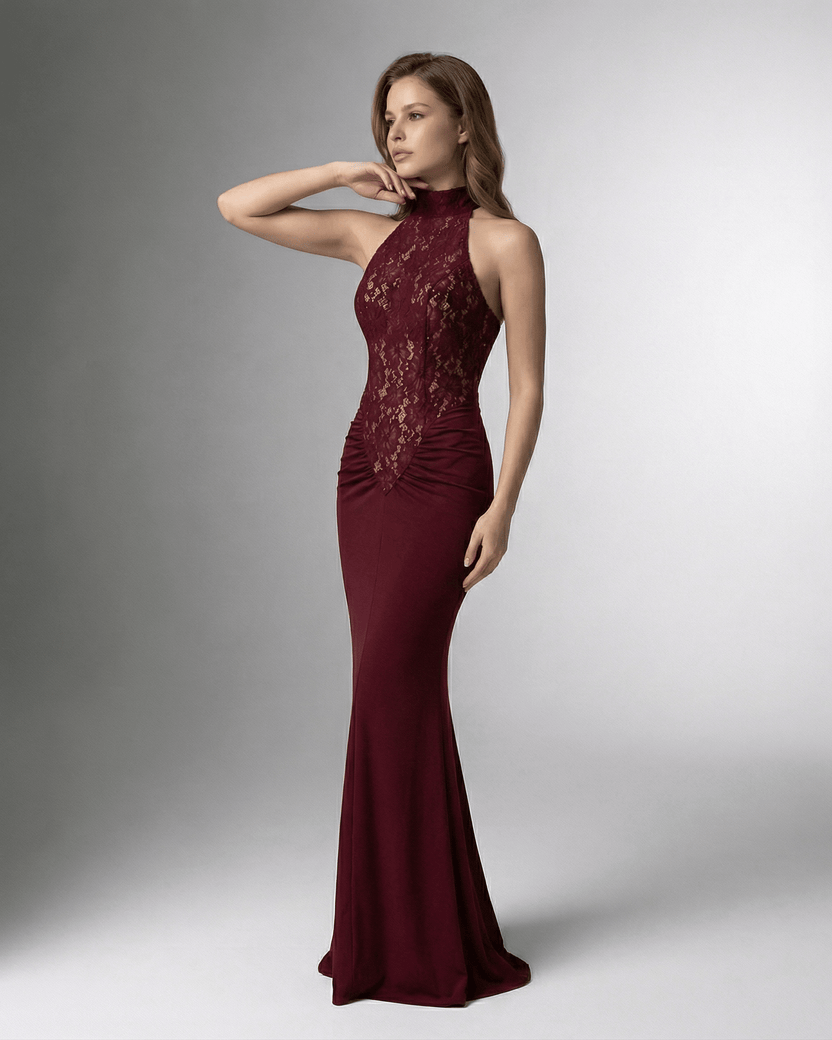 Bordeaux Maxi Dress by Lauven, burgundy halter neck design with lace bodice and sculpted silhouette.