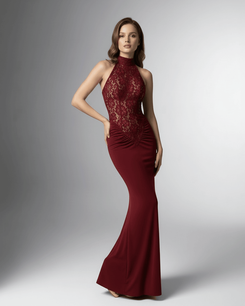 Bordeaux Maxi Dress by Lauven, burgundy halter neck dress with lace bodice and open back, elegant and stylish.