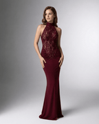 Bordeaux Maxi Dress by Lauven – Burgundy halter neck dress with lace bodice and open back, showcasing bodycon silhouette.
