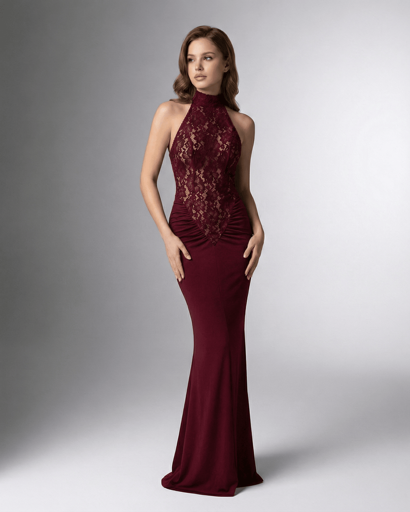 Bordeaux Maxi Dress by Lauven – Burgundy halter neck dress with lace bodice and open back, showcasing bodycon silhouette.