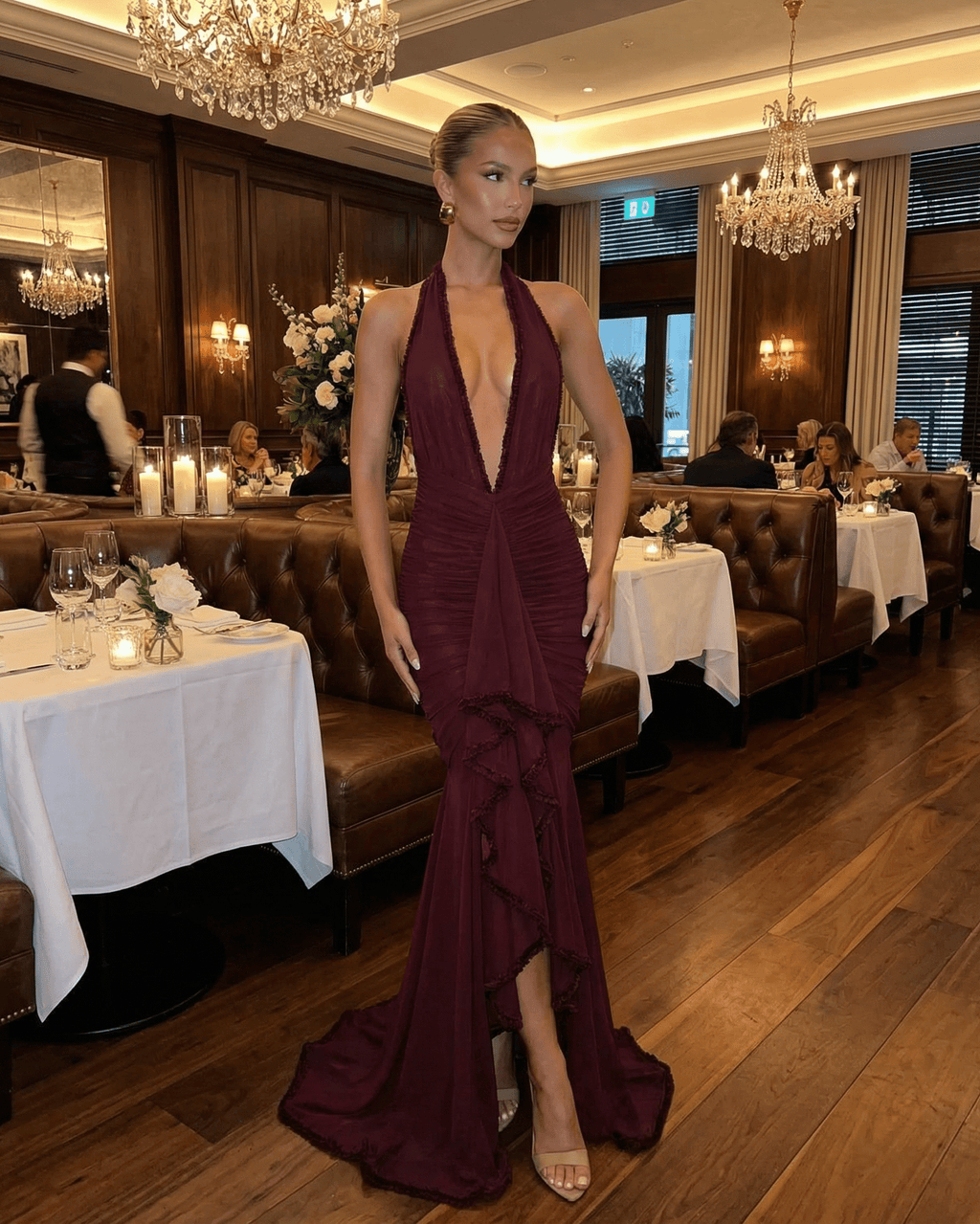 Bordeaux Maxi Dress by Lauven, elegant ruched design with lace detail in burgundy, perfect for formal dining occasions.