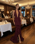 Bordeaux Maxi Dress by Lauven, elegant ruched design with lace detail in burgundy, perfect for formal dining occasions.
