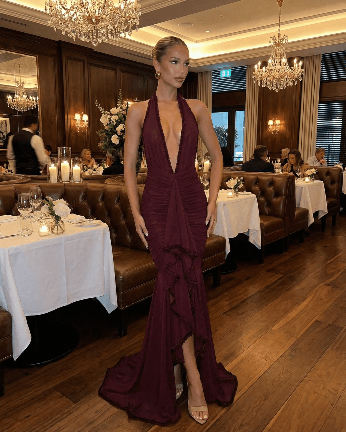 Bordeaux Maxi Dress by Lauven, elegant ruched design with lace detail in burgundy, perfect for formal dining occasions.