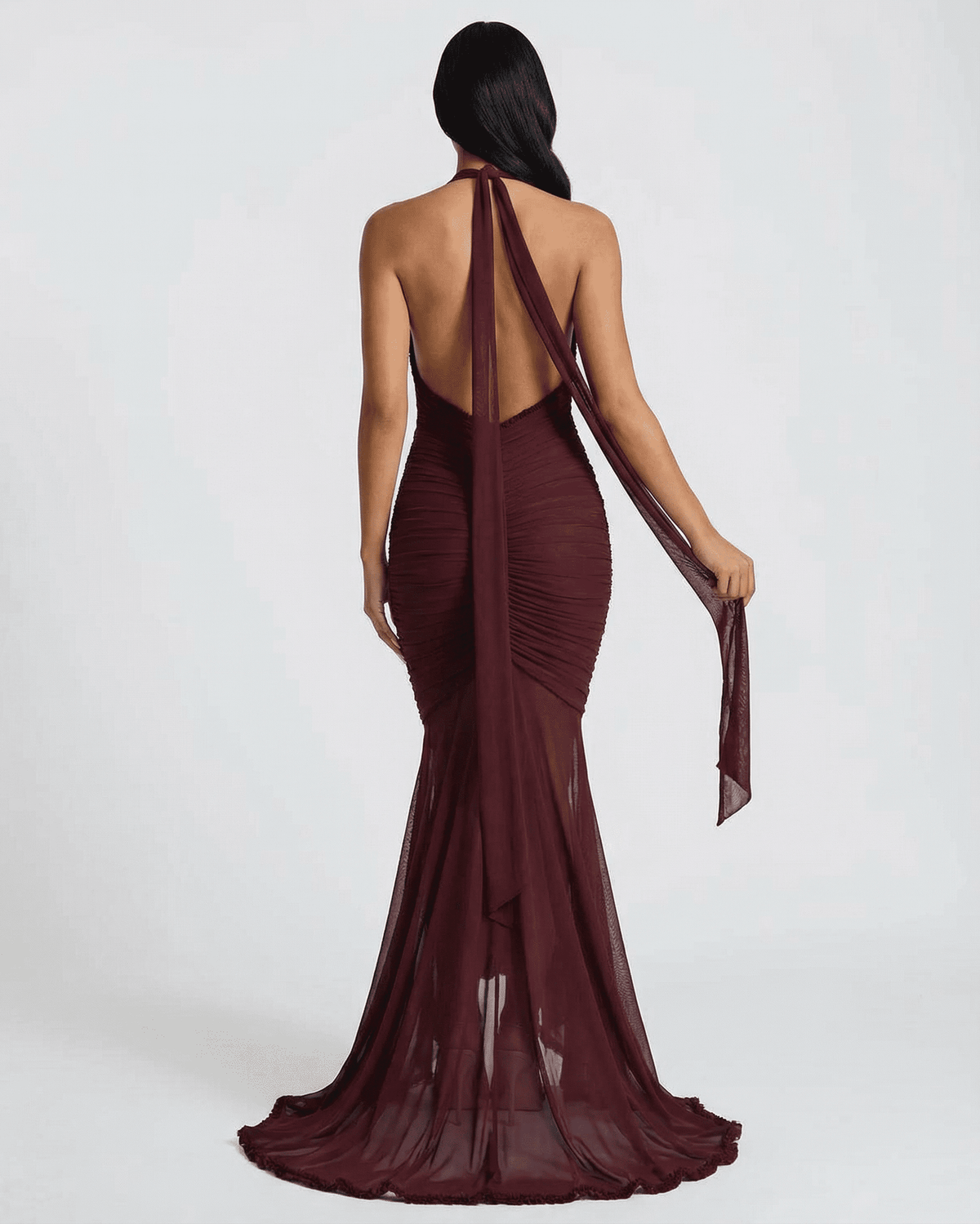Bordeaux Maxi Dress by Lauven, showcasing a ruched back and elegant flowing design in deep burgundy.