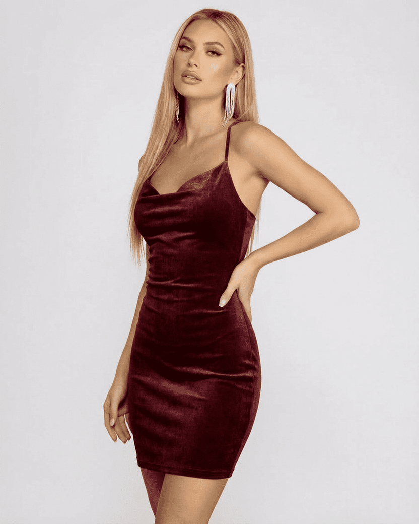 Bordeaux Mini Dress by Lauven featuring a velvet cowl neck and backless design in rich burgundy.