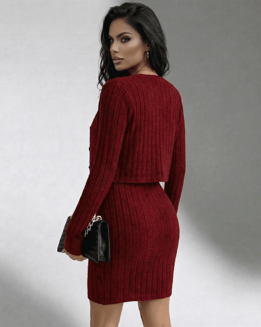 Bordeaux Set by Lauven – Elegant ribbed slim fit dress and cardigan set for women.