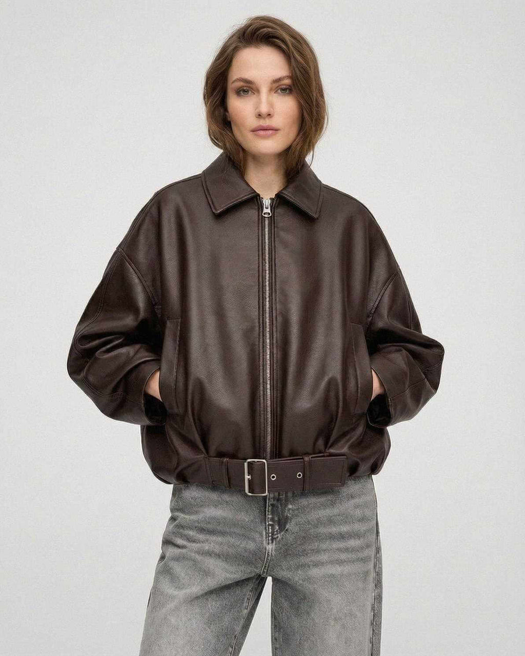 Brown Belted Jacket by Lauven – Women’s oversized zip jacket in a chic brown hue with structured lapel and belt.