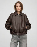 Brown Belted Jacket by Lauven – Women’s oversized zip jacket in a chic brown hue with structured lapel and belt.