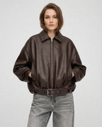 Brown Belted Jacket by Lauven – Women’s oversized zip jacket in a chic brown hue with structured lapel and belt.