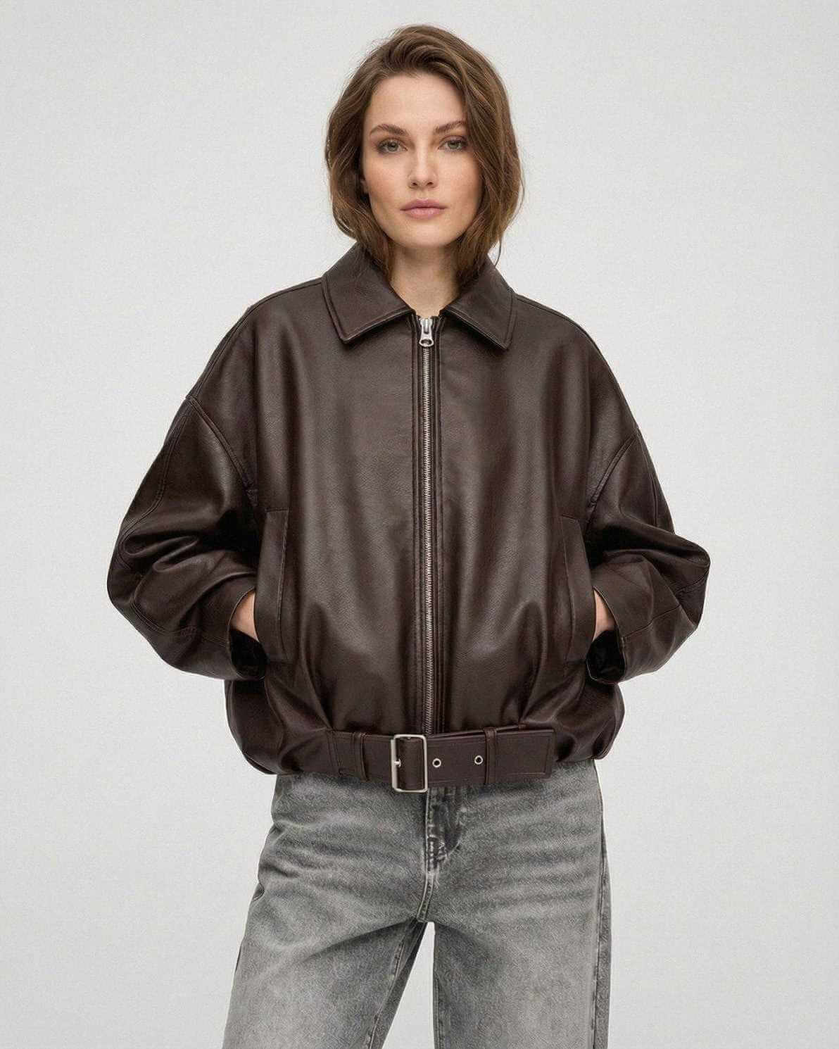 Brown Belted Jacket by Lauven – Women’s oversized zip jacket in a chic brown hue with structured lapel and belt.