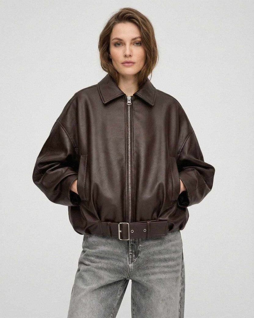 Brown Belted Jacket by Lauven – Women’s oversized zip jacket in a chic brown hue with structured lapel and belt.