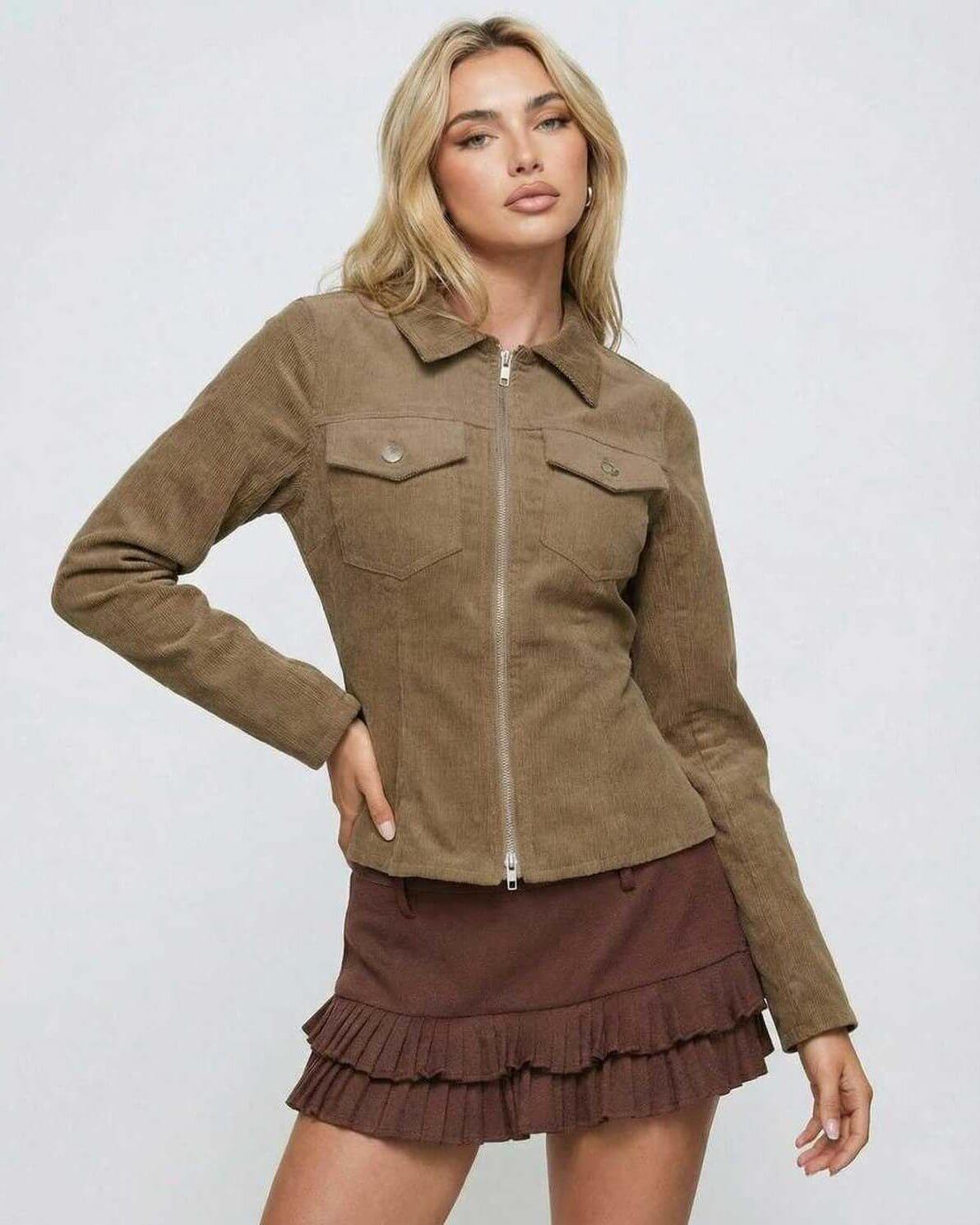Brown Zip Jacket by Lauven – Women's slim fit zip jacket with classic lapel collar and structured silhouette.