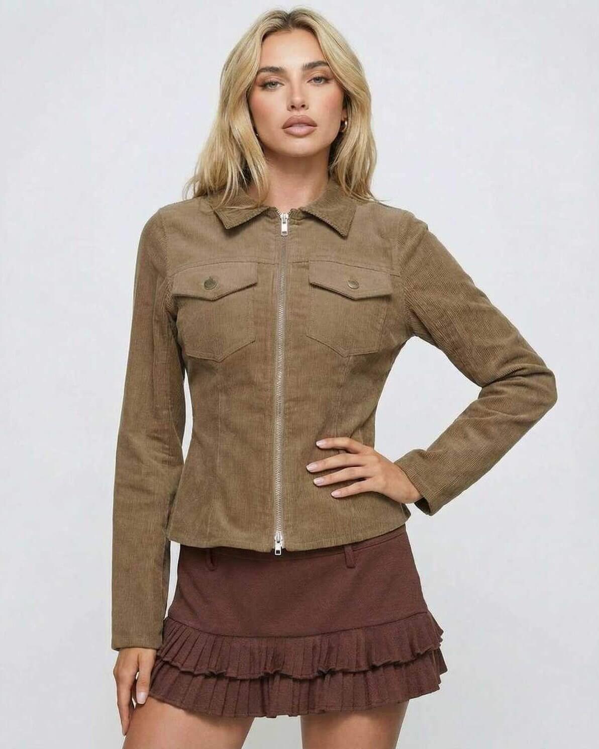 Brown Zip Jacket by Lauven on model, showcasing a slim fit design with a classic lapel collar.