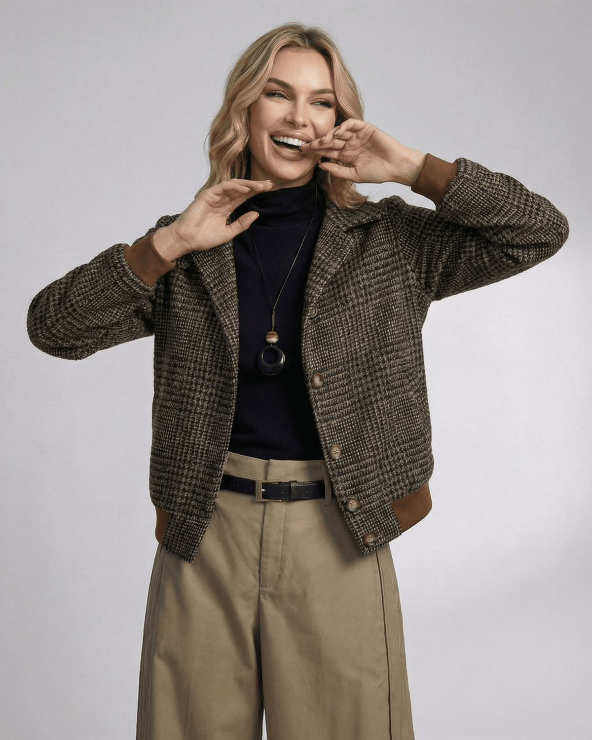 Cambridge Jacket by Lauven – Women’s plaid jacket featuring lapel collar and long sleeves.