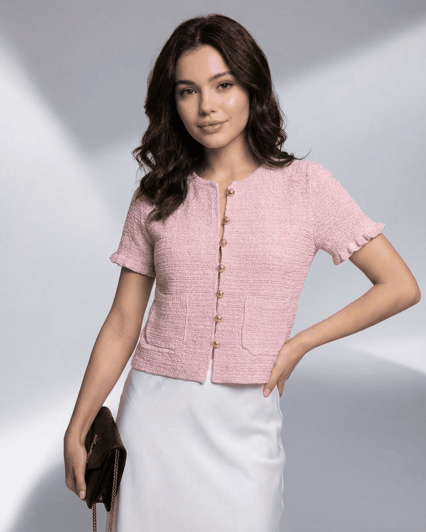 Camellia Cardigan by Lauven, a short sleeve buttoned knit with O-neck, perfect for warm-weather styling.