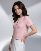 Lauven Camellia Cardigan - Short Sleeve Buttoned Knit with O-Neck in soft pink color.