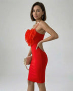 Lauven Camellia Mini Dress in striking red with a beautiful layered rose detail and delicate spaghetti straps.